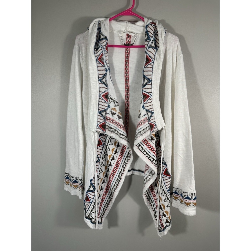 Paparazzi by Biz Cardigan Womens Large White Embroidered Hooded Open Jacket Read